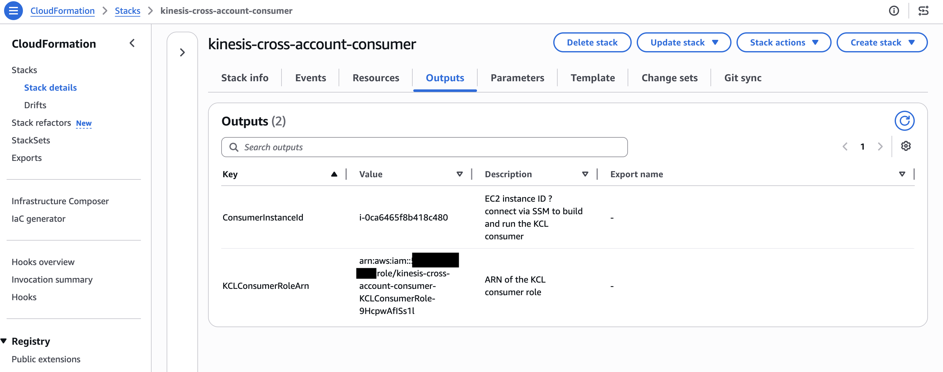 CloudFormation console showing the consumer stack deployment outputs