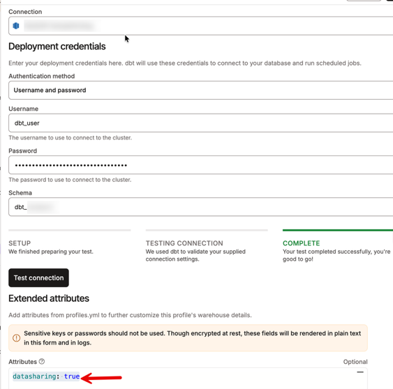 dbt Cloud development credentials form with the dbt_user username, schema, and datasharing extended attribute