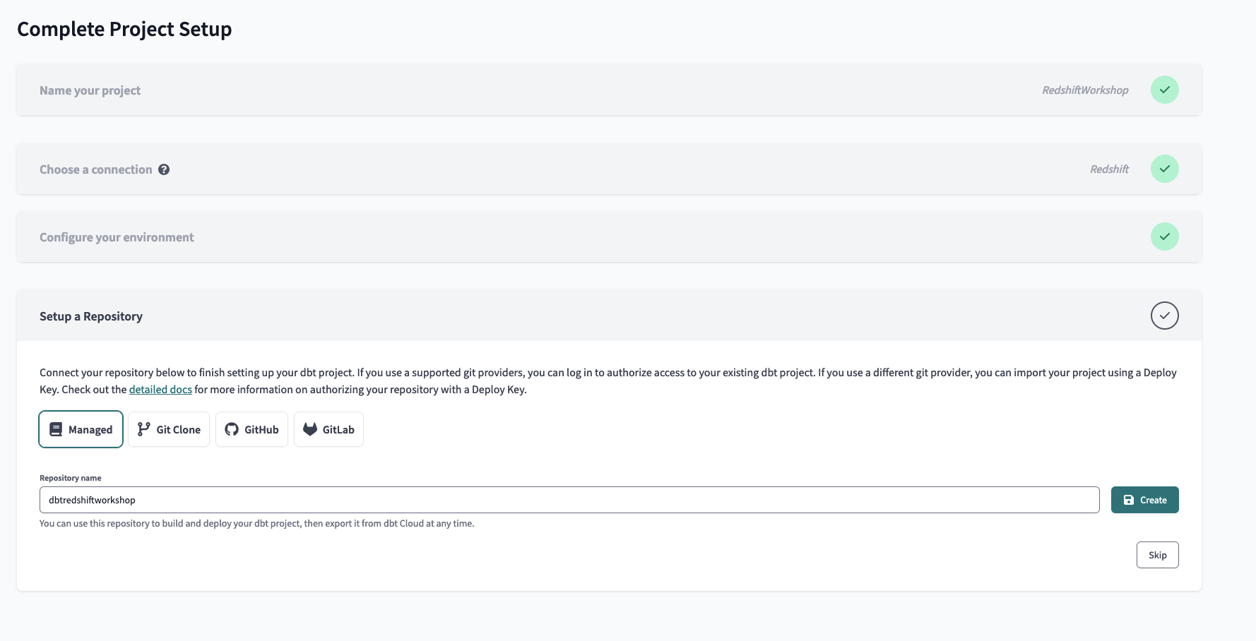 dbt Cloud managed repository setup with a repository name entered