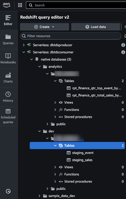 Query Editor v2 object tree showing the new dbt schemas and tables created on the consumer