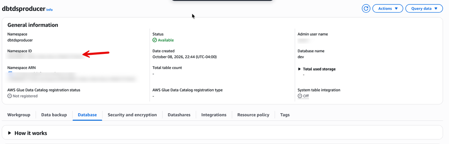 Amazon Redshift namespace configuration page showing the Namespace ID under General information