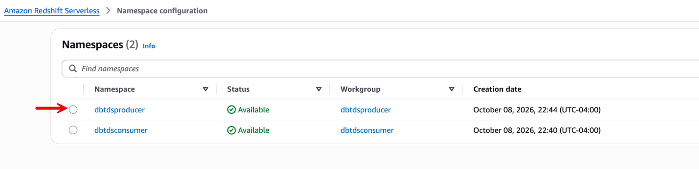 Query Editor v2 connected to the producer workgroup dbtdsproducer on the dev database