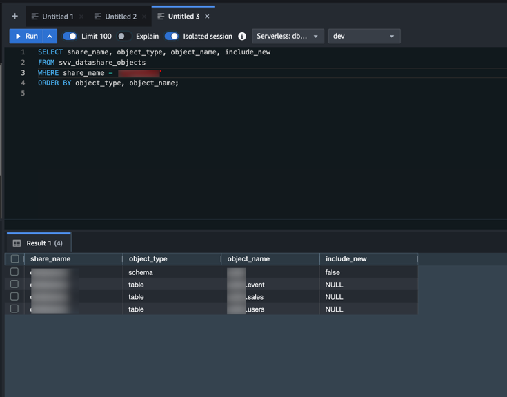 Query Editor v2 showing the datashare objects query returning one schema row and three table rows