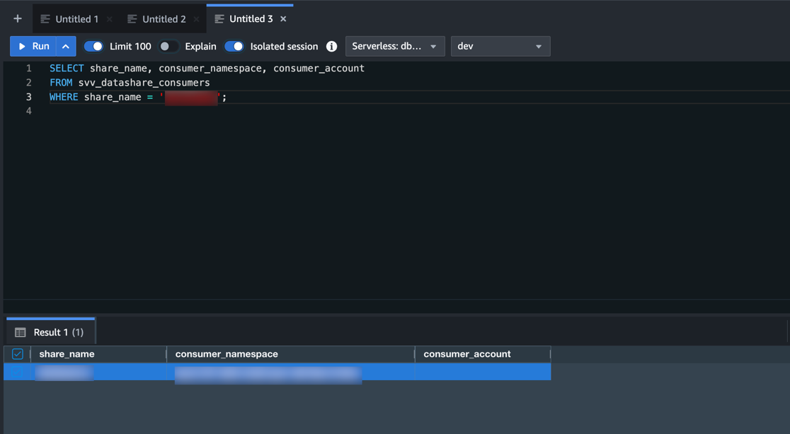Query Editor v2 showing the datashare consumers query returning one consumer namespace row