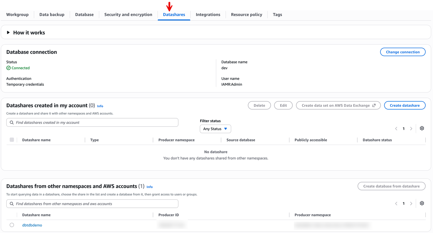 Amazon Redshift console Datashares tab showing the datashare under Datashares from other namespaces and AWS accounts