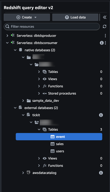 Query Editor v2 object tree showing the consumer database with three shared tables