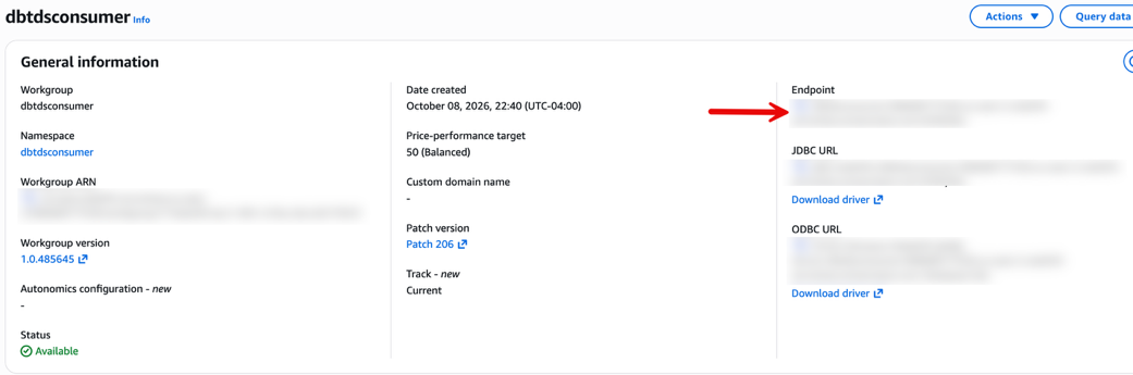 dbt Cloud connection settings for a Redshift warehouse with the consumer endpoint, port 5439, and dev database