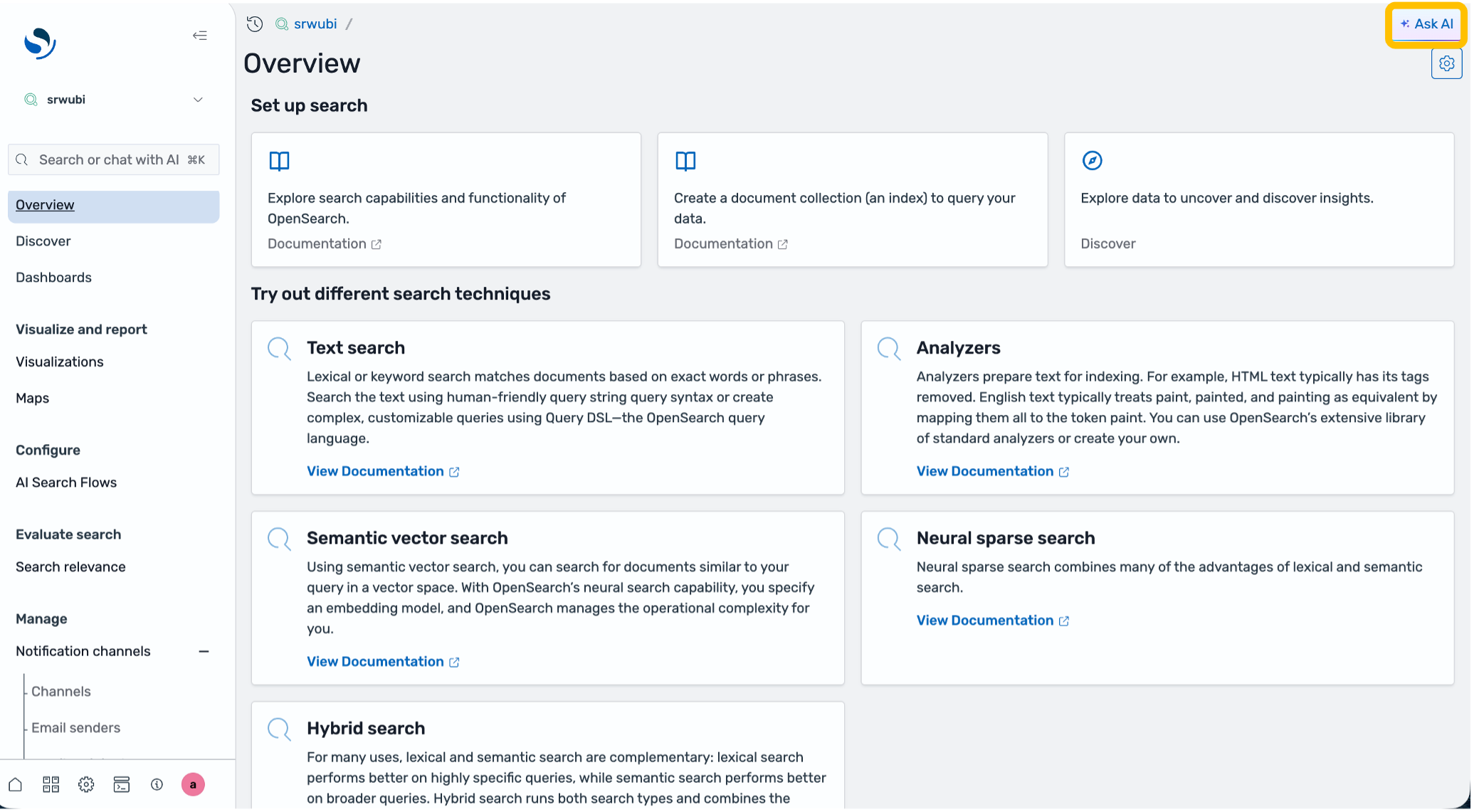 Search Workspace Overview page
