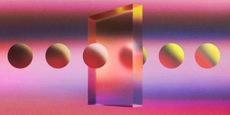 abstract illustration in hues of pink and purple showing three spheres moving through a vertical plane and emerging through the other side with brighter colors