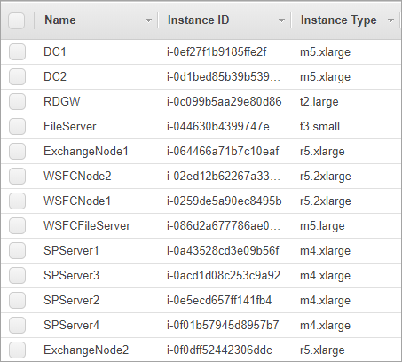 Name, instance ID, and instance type for the instances.