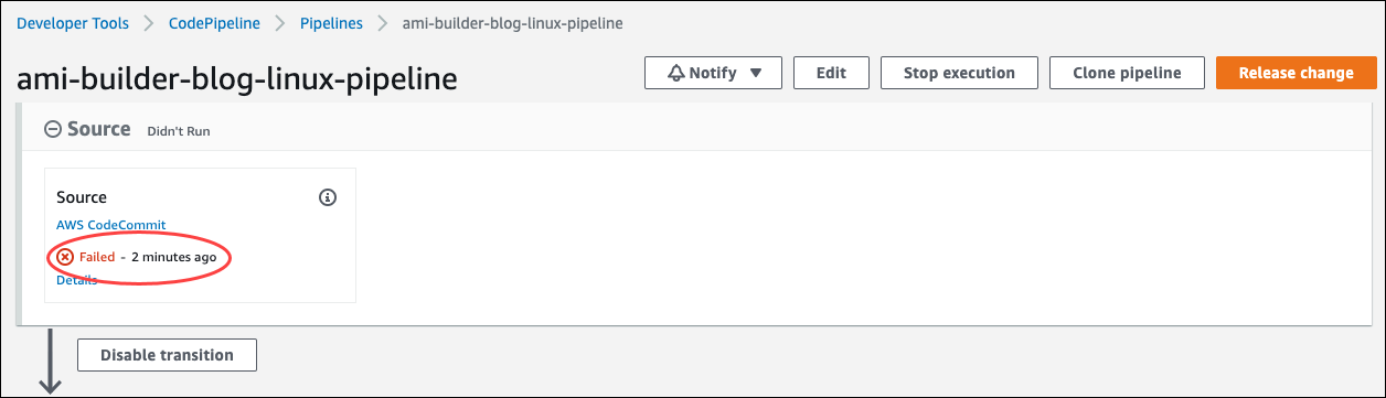 Ami-builder-blog-linux-pipeline page in the CodePipeline console.