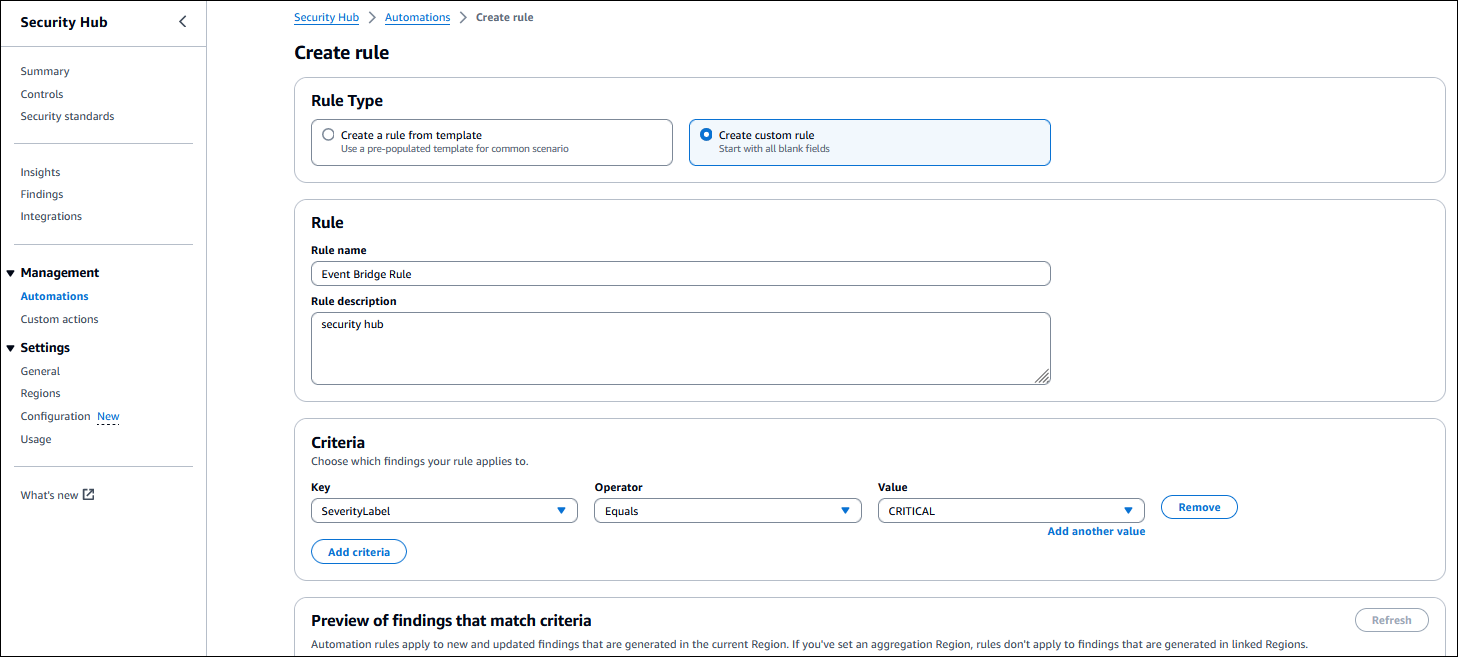 Security Hub console showing user creating an EventBridge rule