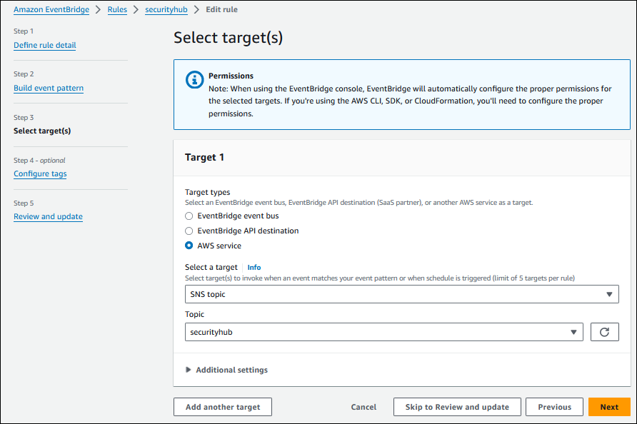 Console screen showing user choosing securityhub as the topic target