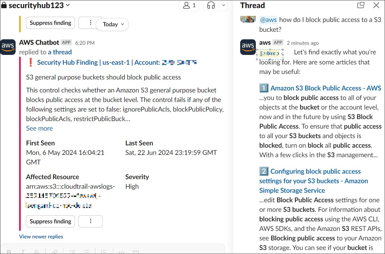 AWS Chatbot displaying a security alert in the Slack channel