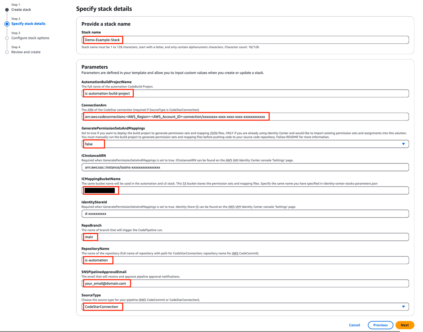 Specifying CloudFormation stack details