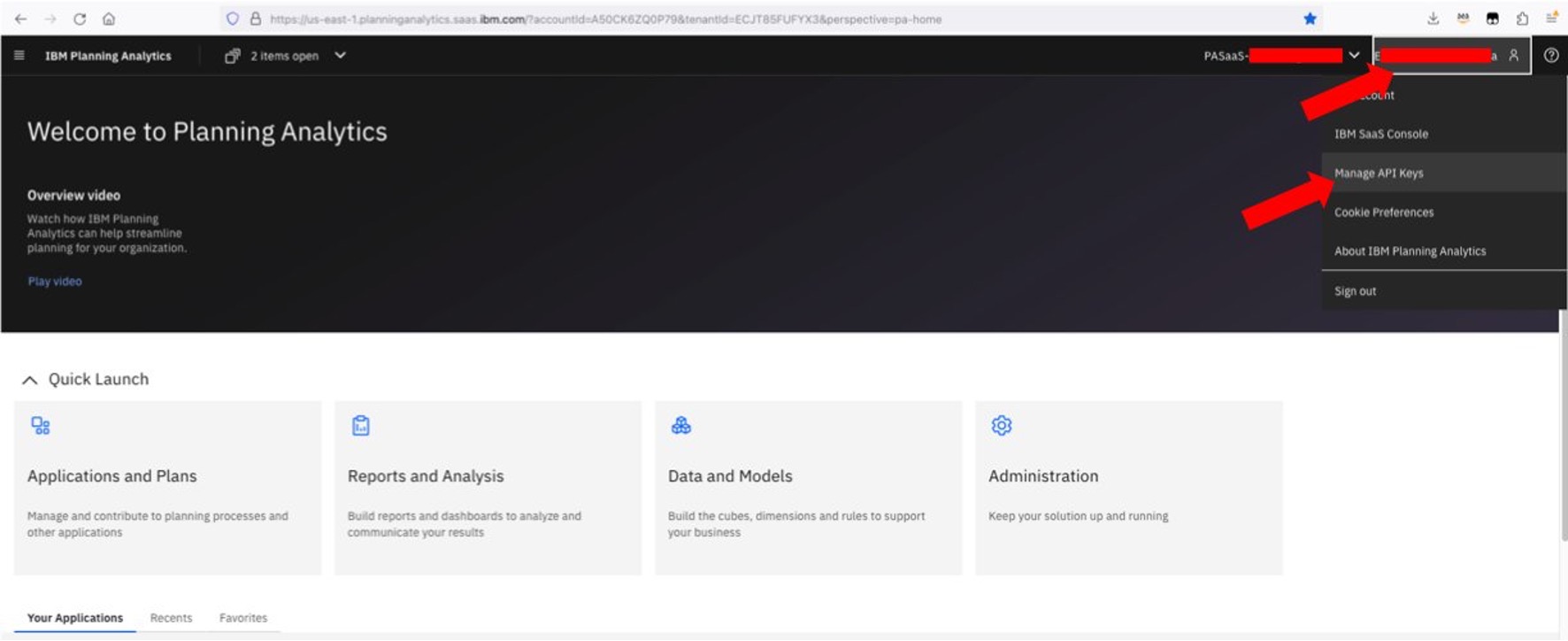 This image shows where to navigate to in the IBM PA console to obtain your API keys.