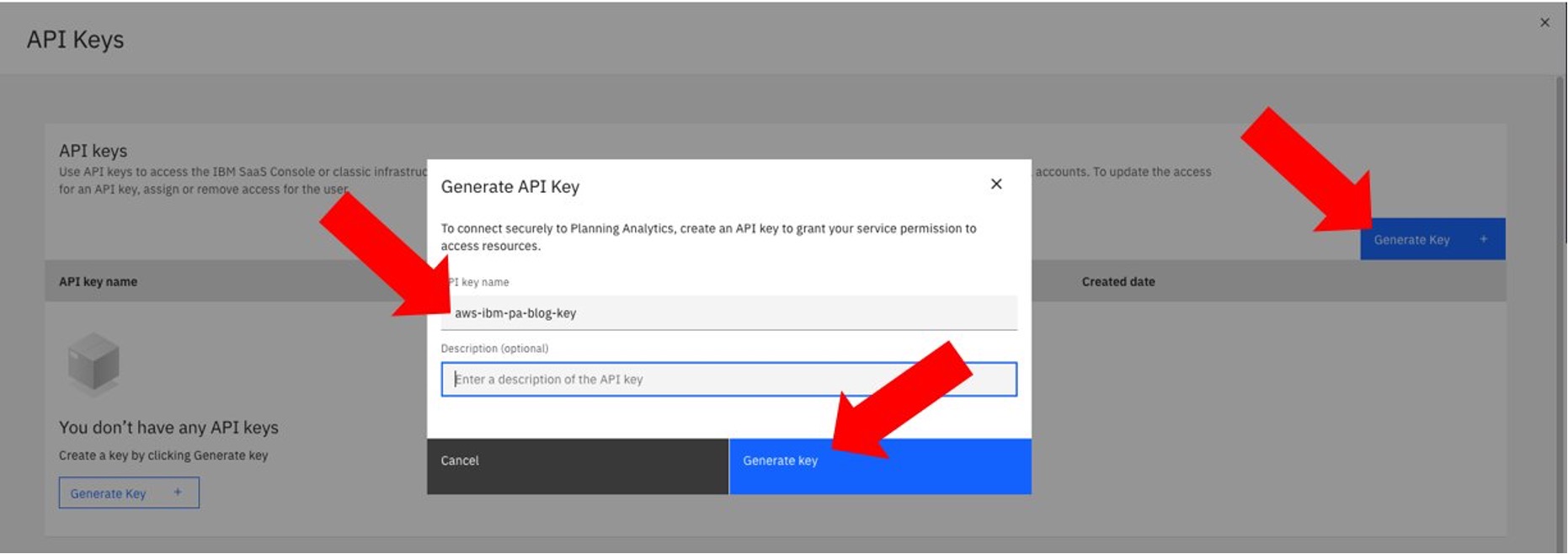 This image shows how you generate your IBM PA API key and download it from the web console.