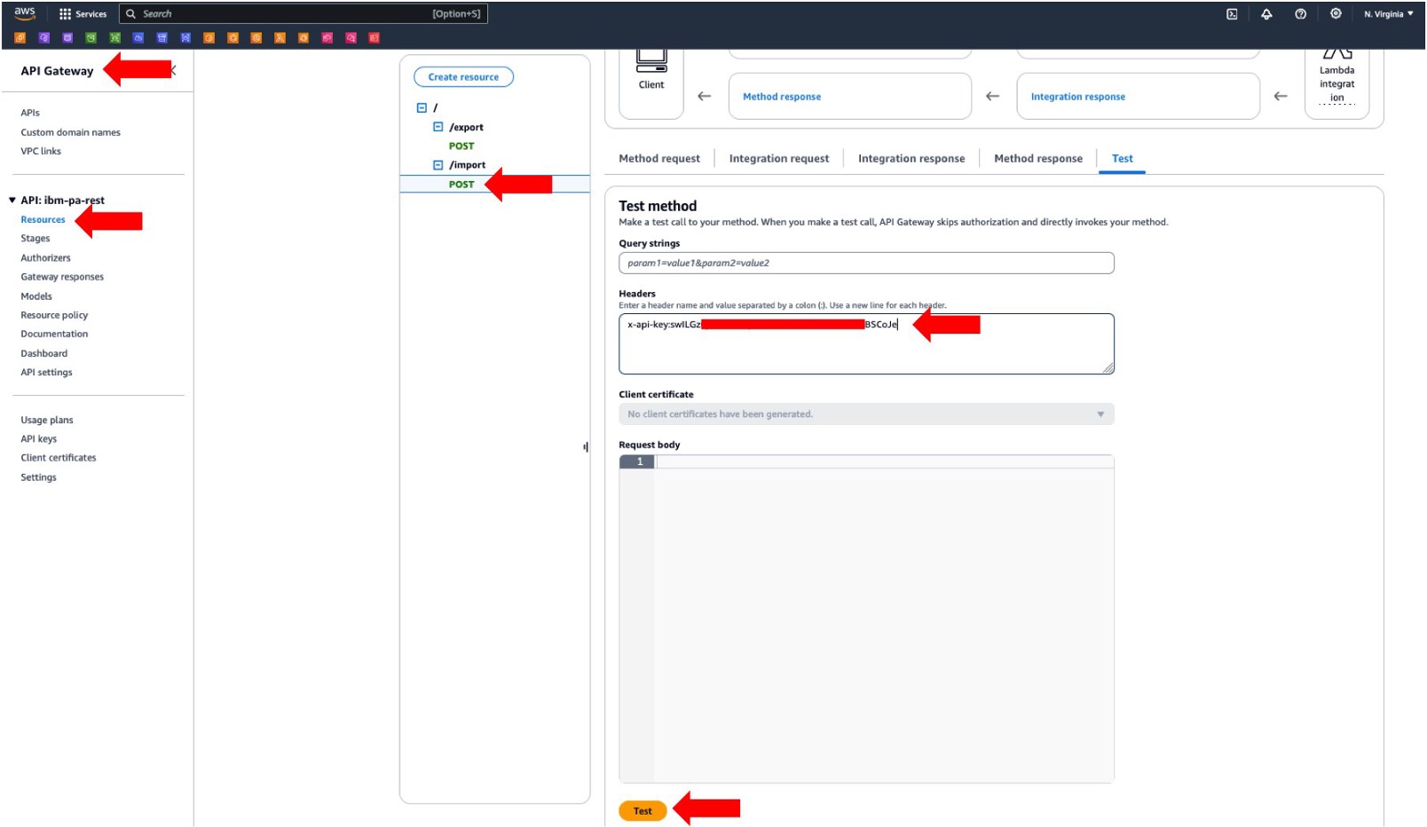 This image shows how to invoke our test REST API from API Gateway to push data from Amazon S3 to IBM PA.