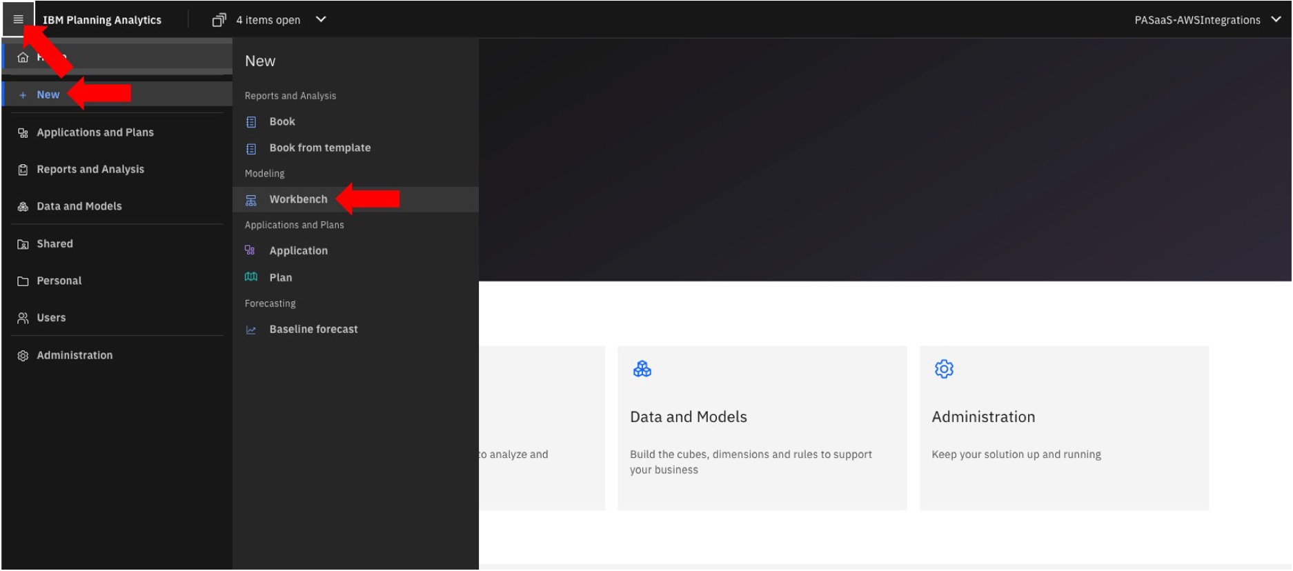 This image shows how to navigate the IBM PA web console to open a new Workbench.