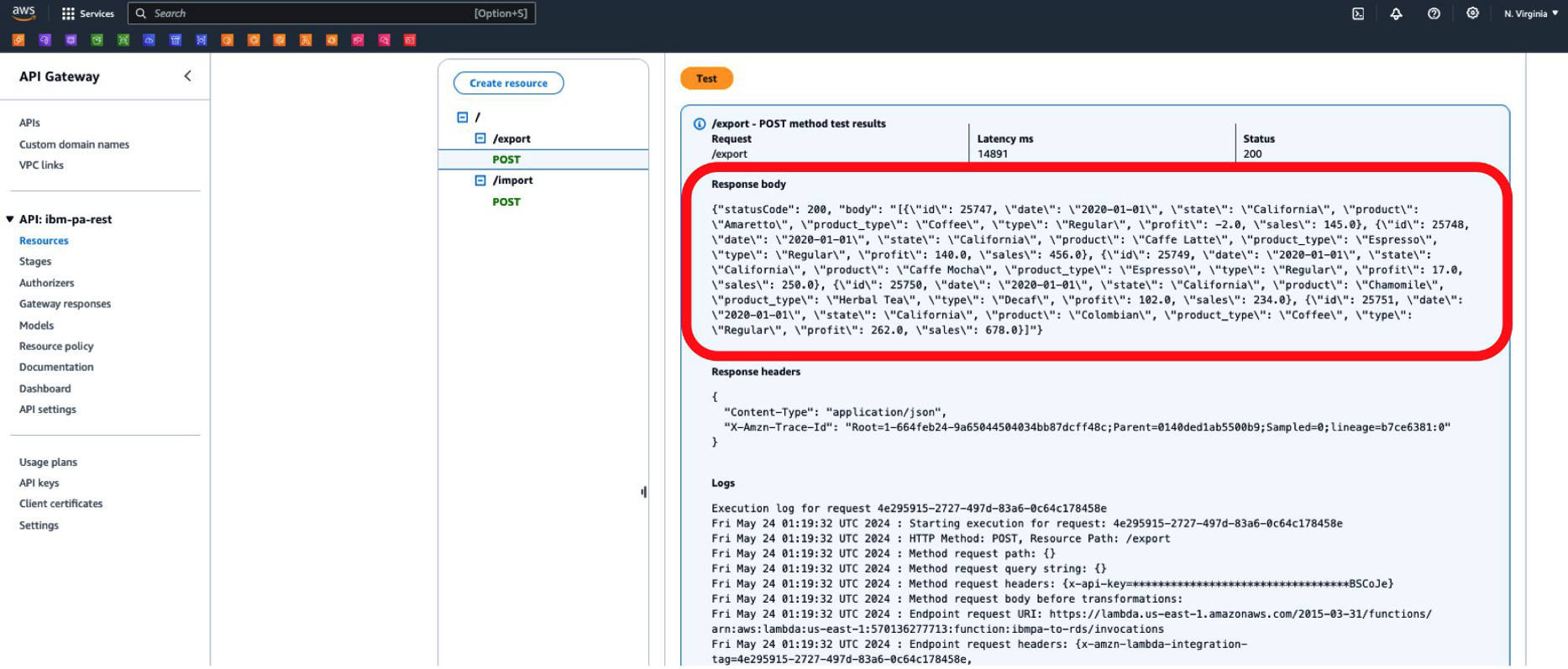 This image shows the output of the successful run of our REST API to pull data from IBM PA.