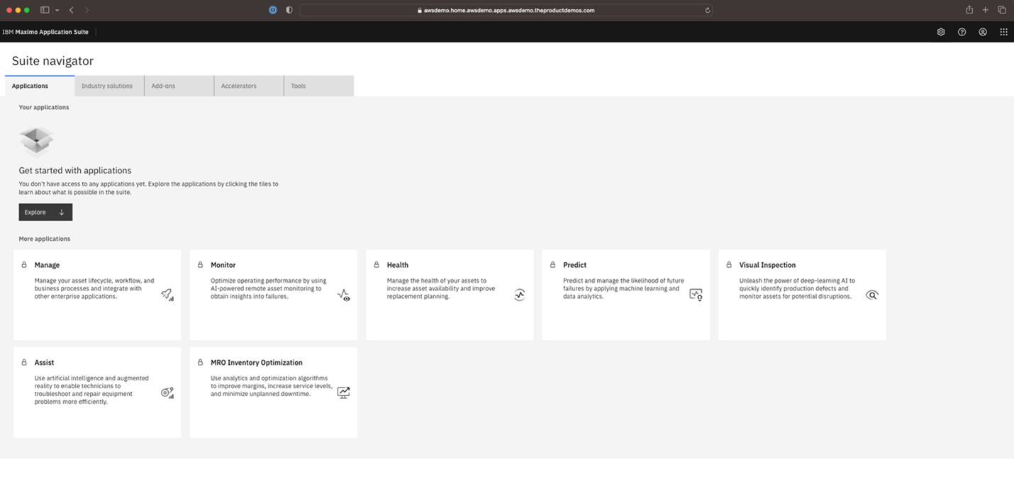 : Screenshot of the Maximo console and Suite navigator.