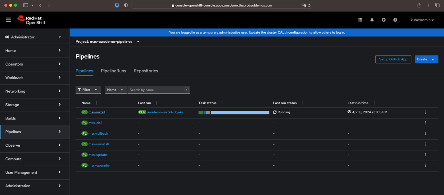 Screenshot of the SNO console URL to access it and see the MAS Installation Pipeline.