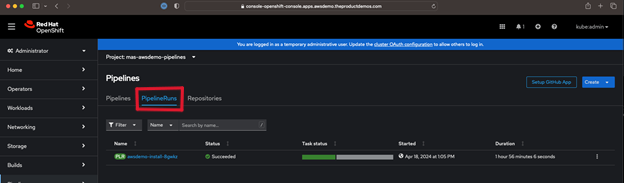 Screenshot of the status of the installation pipeline in the OpenShift Console.