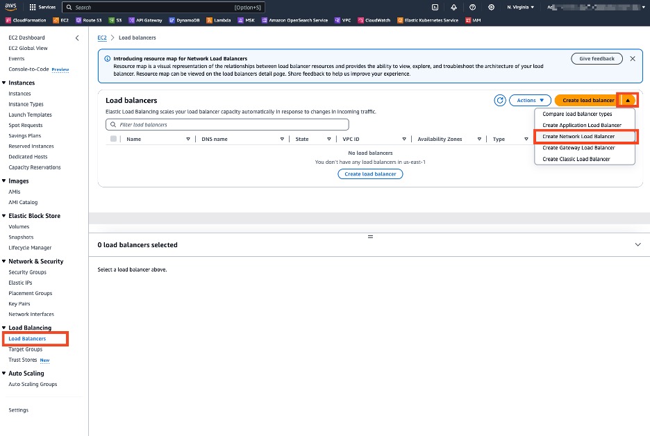 Create a new Network Load Balancer from the Amazon EC2 console.