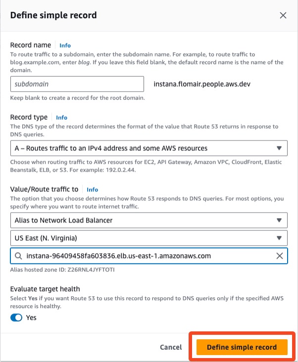 Create a new Alias record in your public hosted zone with Simple routing policy to send traffic to your Network Load Balancer.