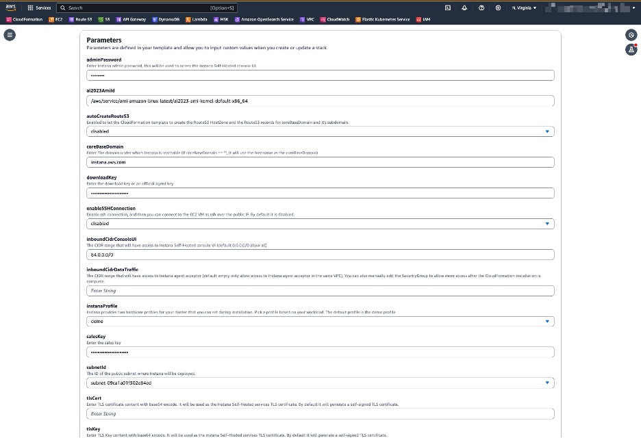 Cloudformation parameters for deploying the Instana stack.