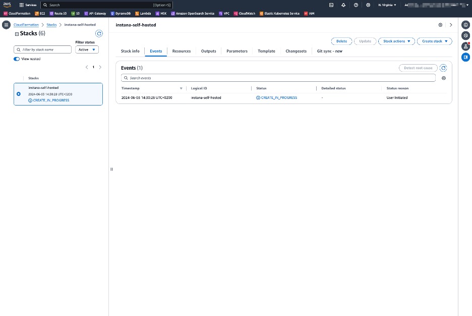 IBM Instana stack is being created in AWS console.