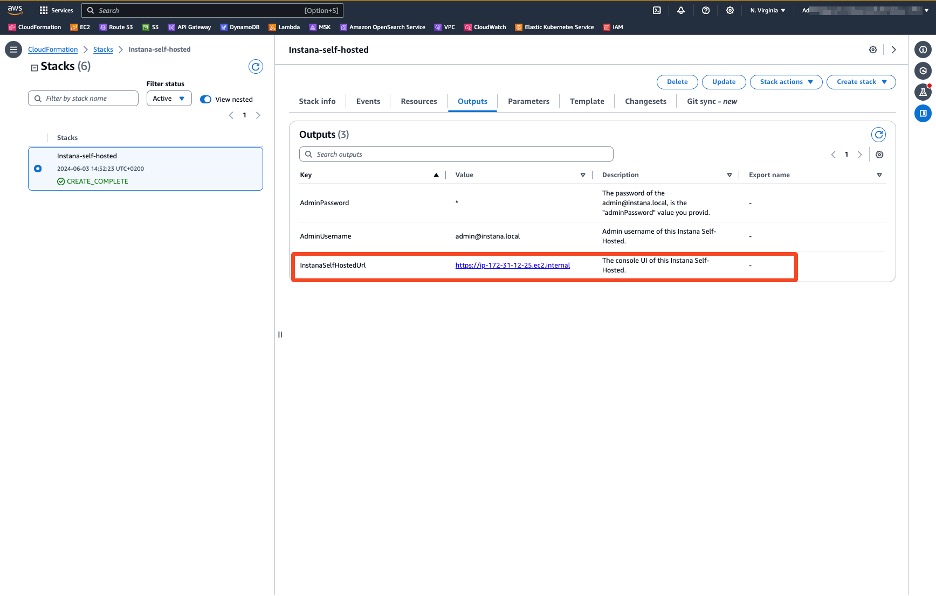 AWS CloudFormation stack Output section with the InstanaSelfHostedUrl information.