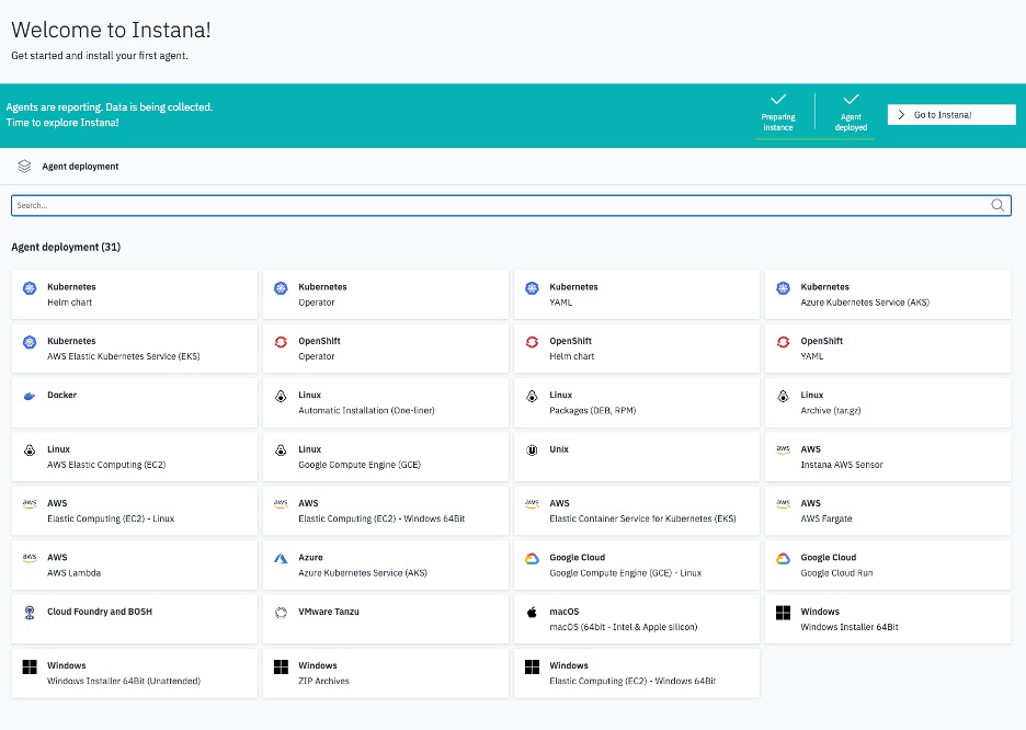 Welcome screen of Instana that links to different resources how to install and configure agents and other data collectors.