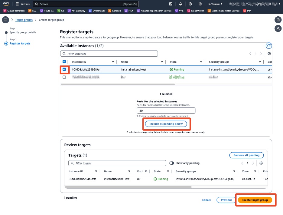 Registering the IBM Instana backend Amazon EC2 instances as targets for the new target group.