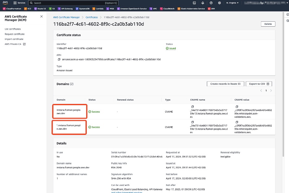 AWS Certificate Manager (ACM) console showing valid TLS certificates for our Instana FQDNs.