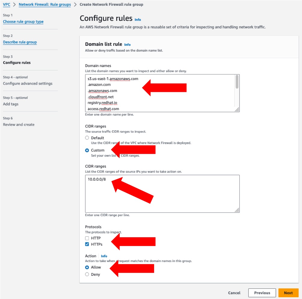 AWS Network Firewall Stateful domain list rule, allowing access to AWS service.