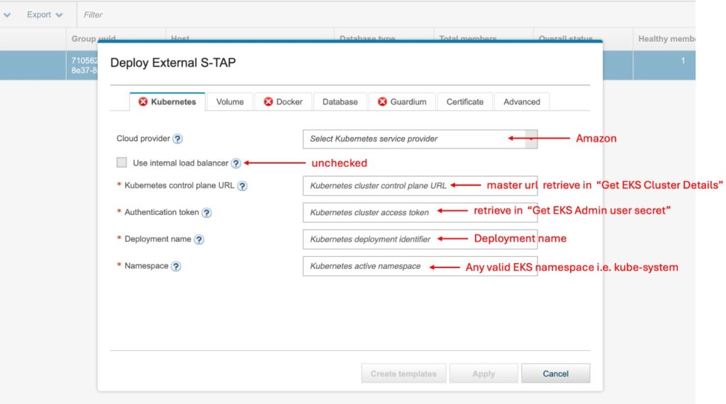 Sample screenshot showing the kubernetes tab in the External S-TAP configuration dialog.