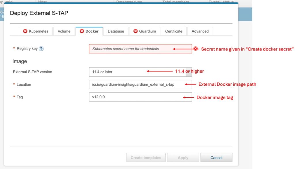 Sample screenshot showing the docker tab in the External S-TAP configuration dialog.