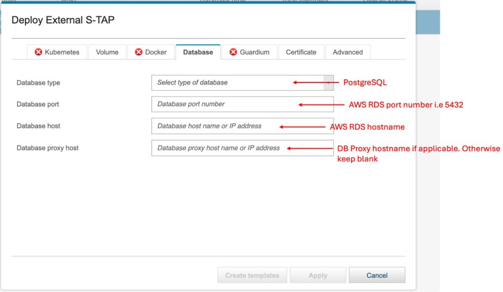 Sample screenshot showing the database tab in the External S-TAP configuration dialog.