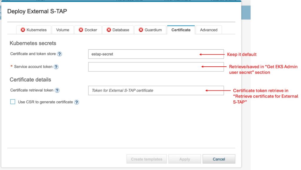 Sample screenshot showing the certificate tab in the External S-TAP configuration dialog.