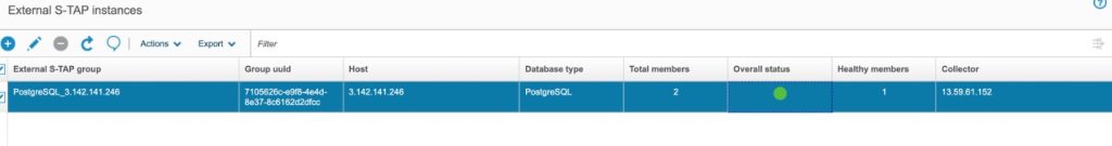 Sample screenshot of Guardium console showing the external S-TAP as green.