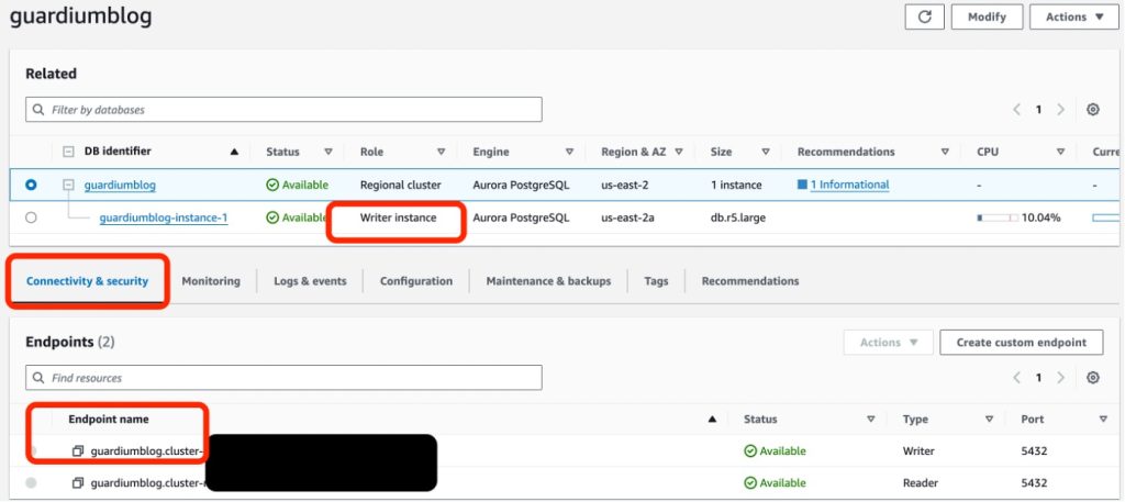 Sample screenshot showing the list of Aurora databases in the AWS management console.