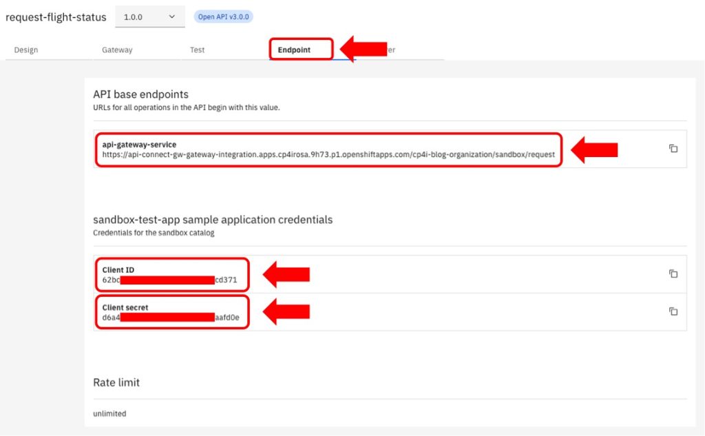 Image shows how to get the REST proxy endpoint details on API Connect.