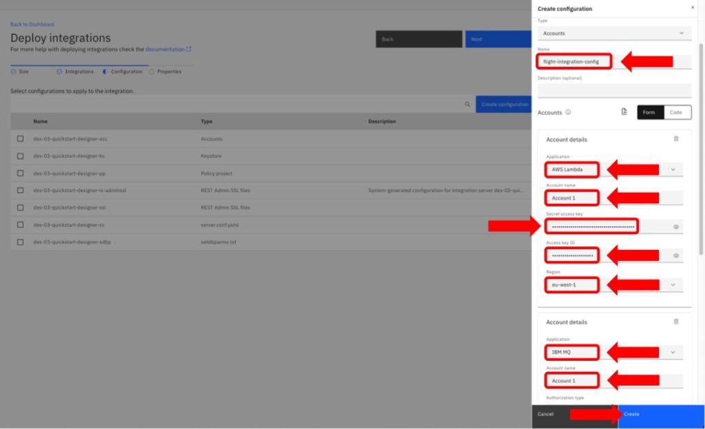 App Connect dashboard showing the creation of a new Integration Flow Configuration.