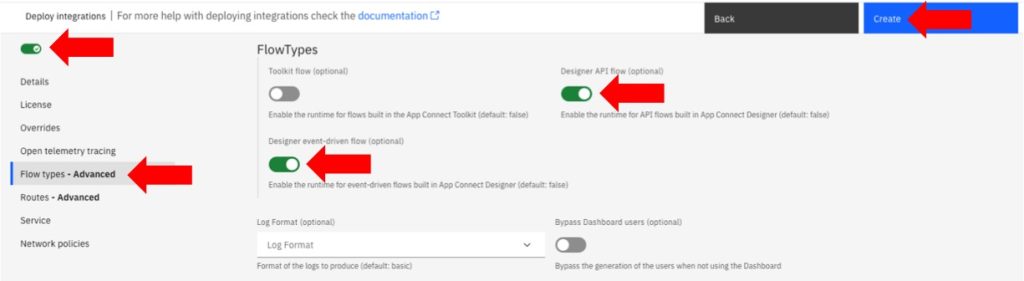 App Connect Integrations dashboard showing the configuration for the deployment of a new flow.