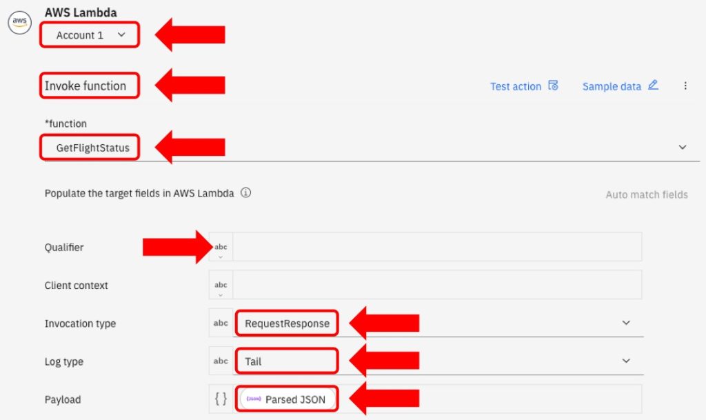 App Connect Designer showing the configuration to invoke and AWS Lambda function.