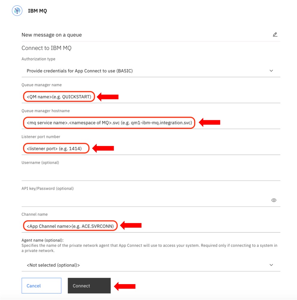 Configuring the IBM MQ Queue Manager connection in App Connect designer.