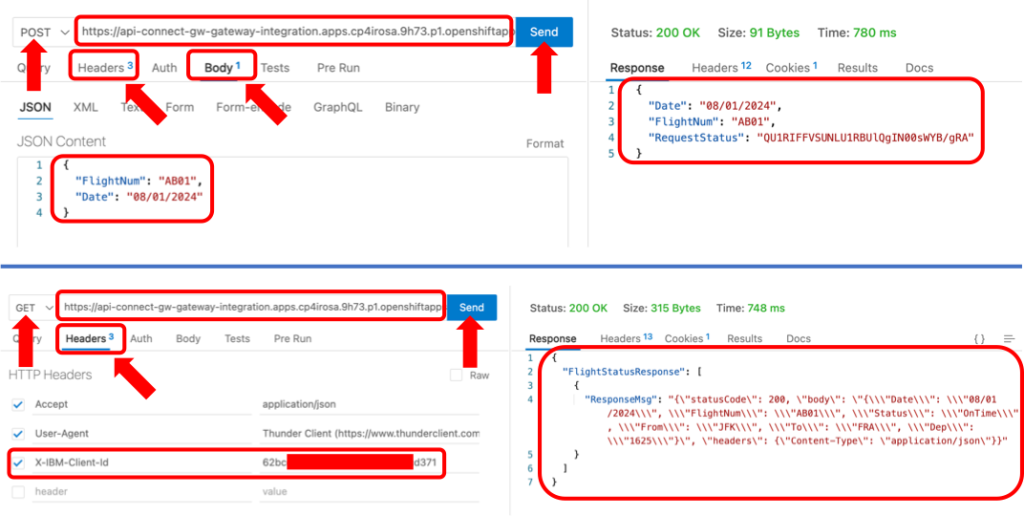 Image shows the test results for the API Connect APIs using an external API client.