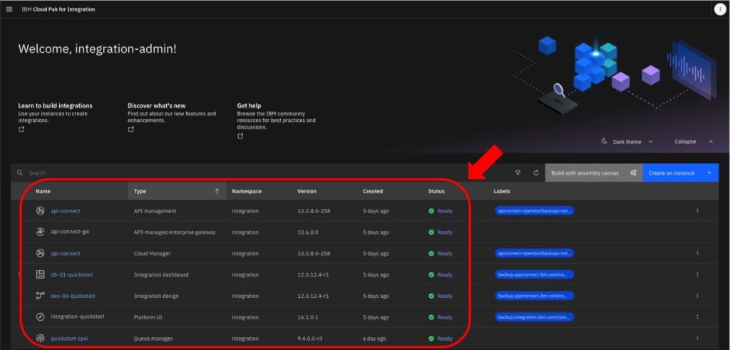 Cloud Pak for Integration welcome screen showing the installed integration instances.