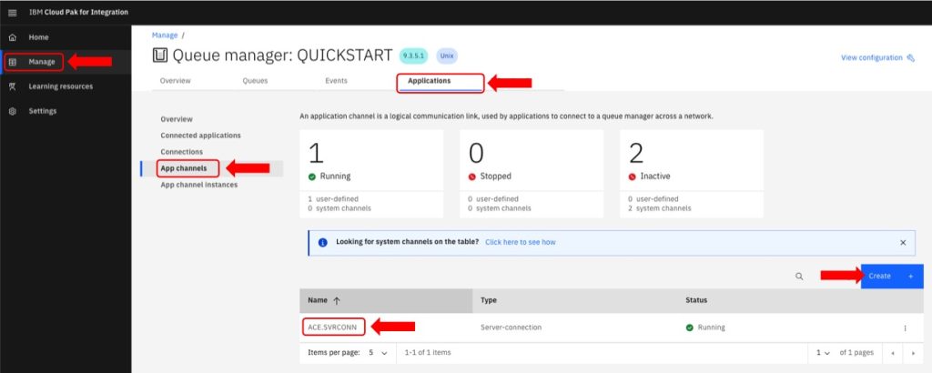 IBM MQ dashboard showing how to create a new Queue Manager application channel.